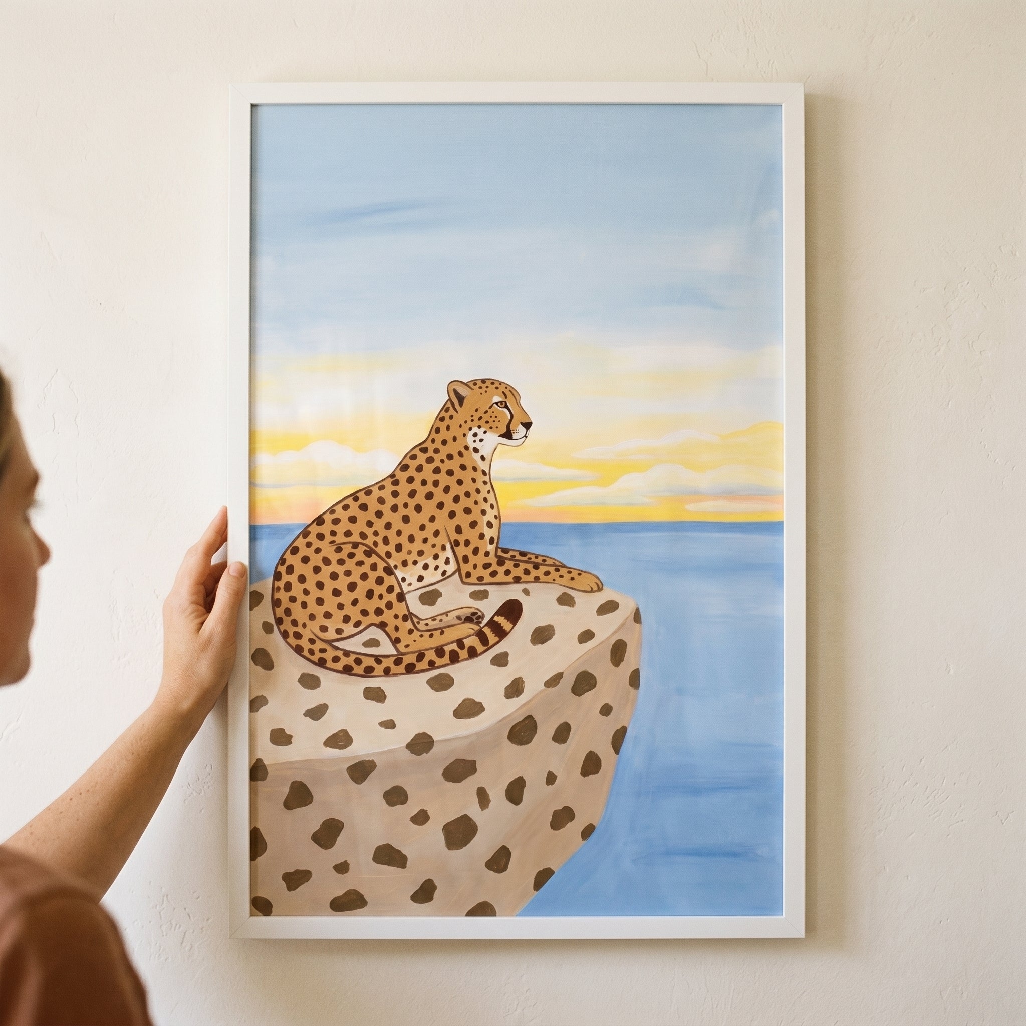 Coastal Sunset Sitting Cheetah Wall Art - Golden Hour Cheetah