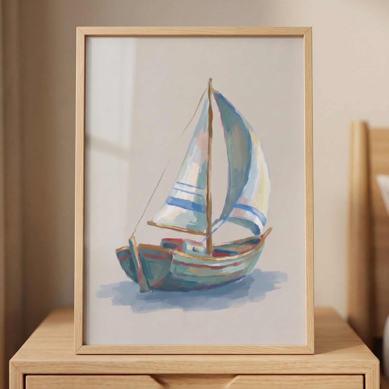 Coastal teal blue sailboat wall art in a light wood frame rests on a wooden nightstand in a neutrally toned room.
