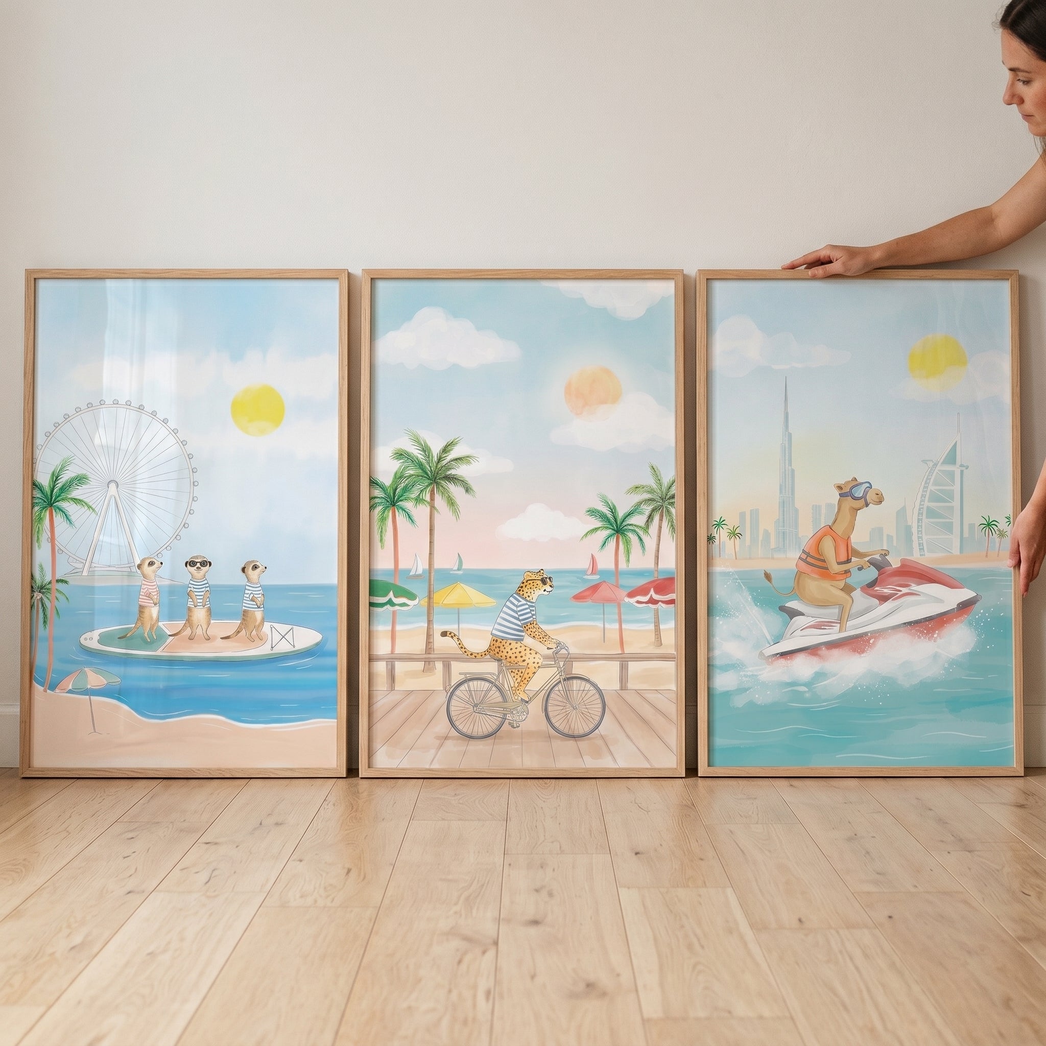 Coastal Vacation Safari Animals Wall Art Set of 3 - Animal Beach Vacation