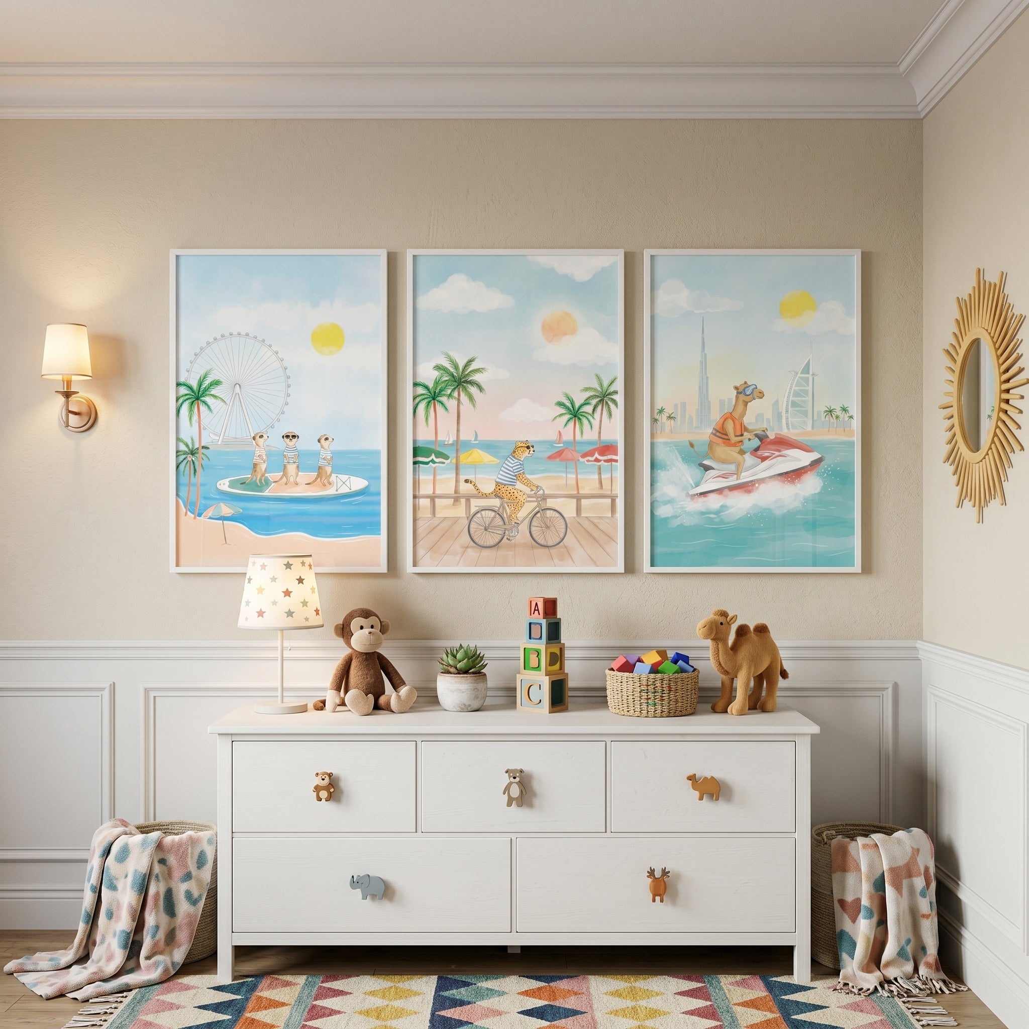 Coastal Vacation Safari Animals Wall Art Set of 3 - Animal Beach Vacation