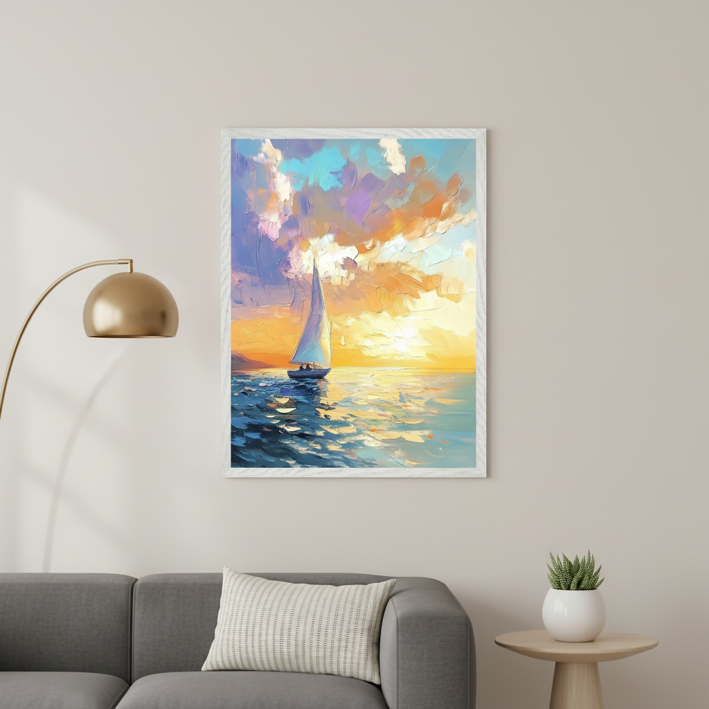 Modern living room with a gray sofa, gold floor lamp, and wooden side table. A framed impasto painting of a sailboat at sunset on the ocean, featuring vibrant clouds and water, hangs centered above the right side of the sofa.