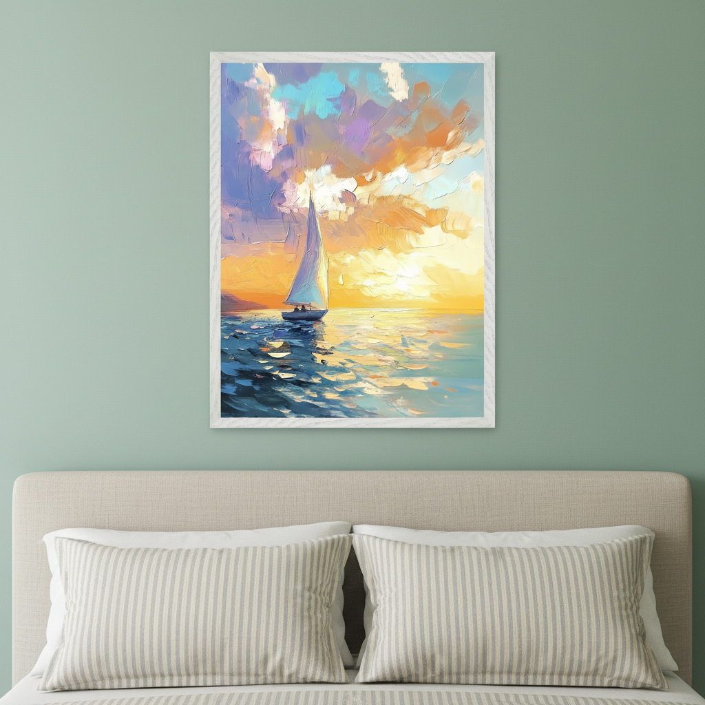 Modern bedroom with a beige upholstered bed and two striped pillows. A framed impressionistic painting of a sailboat on the ocean at sunset with warm orange and blue colors hangs above the headboard.