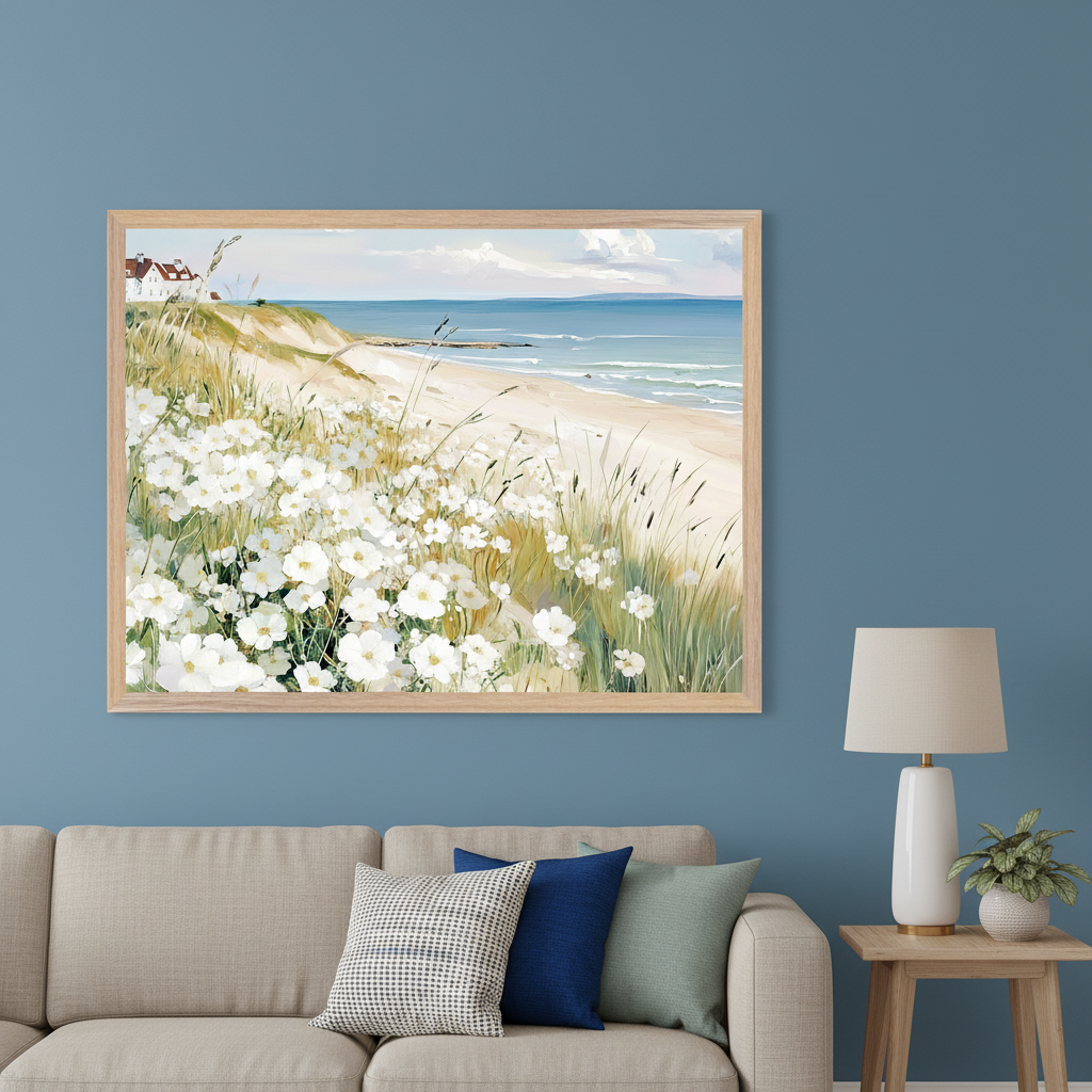Living room with a beige sofa. A large framed painting of a coastal landscape with white flowers, dunes, the ocean, and a distant white house hangs above the sofa. A lamp and end table are to the right.