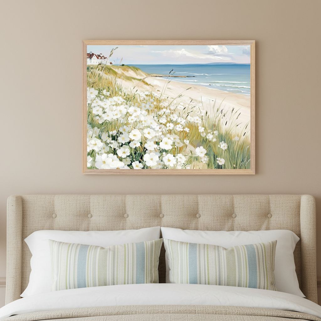 Modern bedroom with a beige upholstered bed. A framed painting of a coastal landscape with white flowers in the foreground, a sandy beach, blue ocean, and a distant house on a dune hangs above the bed.