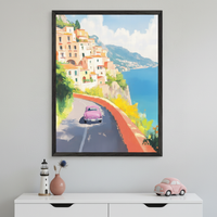 Modern room with a white dresser. A large framed painting of a pink car on a winding coastal road with cliffside houses and the sea hangs centered above the dresser. A lighthouse, a vase with a flower, and a pink toy car are on the dresser.