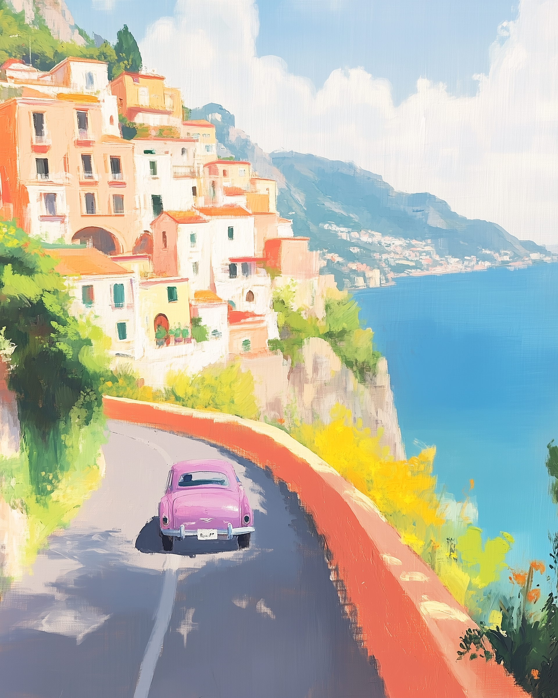 A vintage purple car drives along a winding coastal road lined with a vibrant orange wall, with colorful hillside buildings overlooking a sparkling blue sea under a bright, partly cloudy sky.