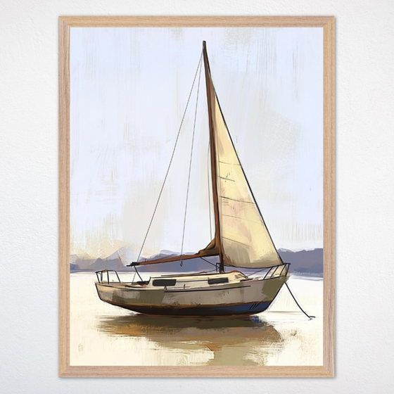 Sailboat anchored gently near the shoreline, its sails softly catching the golden light of early morning or late afternoon. The serene water reflects the boat, enhancing the calm and peaceful mood of the scene.