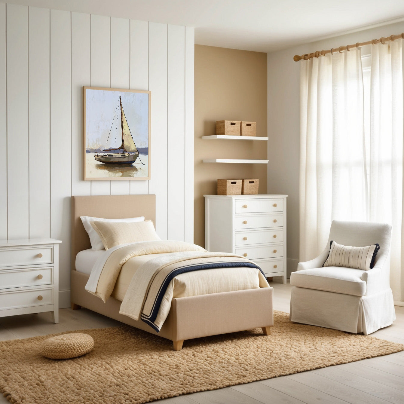 A welcoming bedroom with warm beige and cream decor, featuring a neatly made bed, cozy rug, and soft furnishings for a relaxed feel. Above the bed, a framed painting showcases a sailboat resting peacefully on calm waters, adding to the room's tranquil coastal charm.