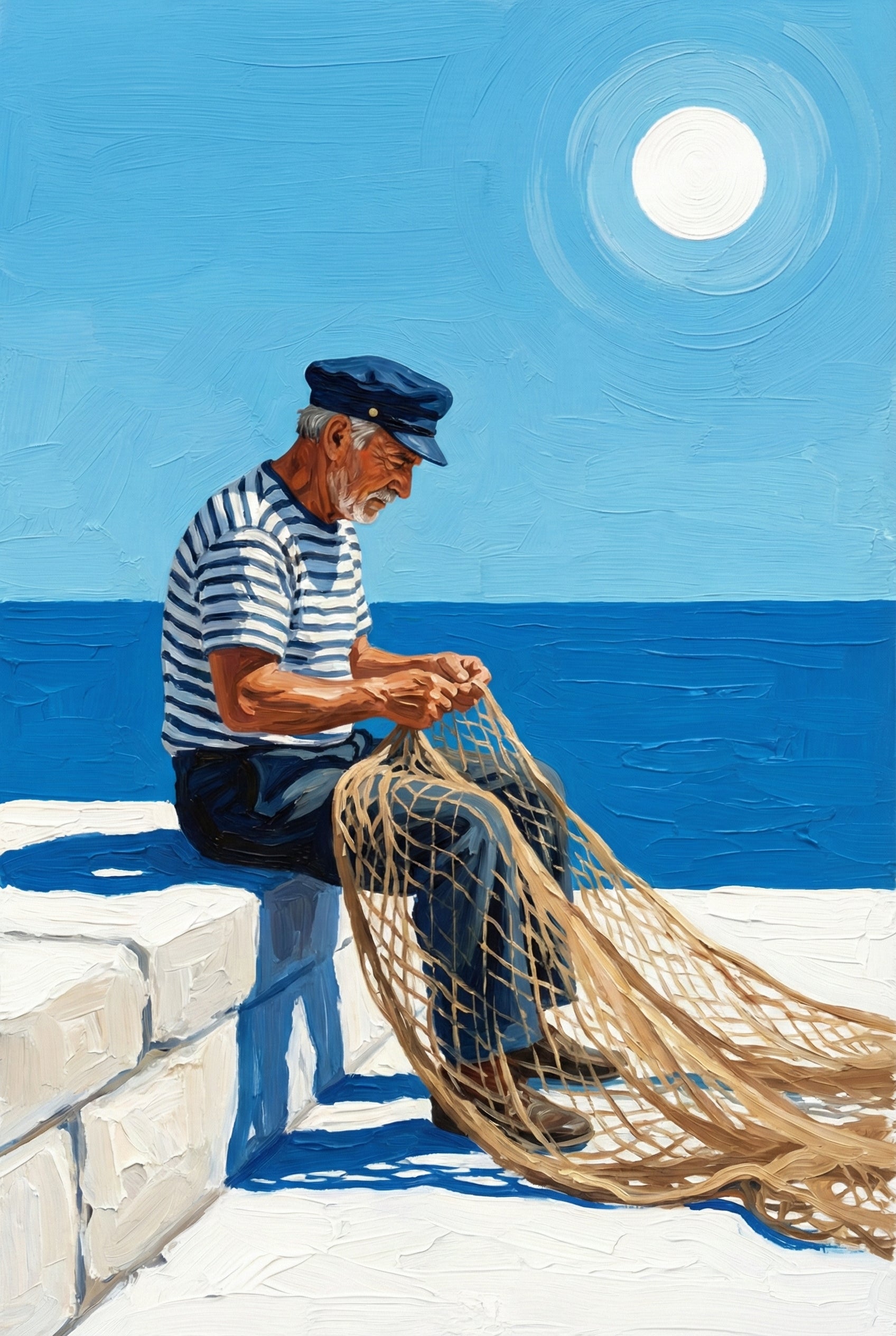 Oil painting of an elderly fisherman in a striped shirt and cap sitting on a white stone ledge by the sea, carefully repairing a fishing net beneath a bright midday sun.