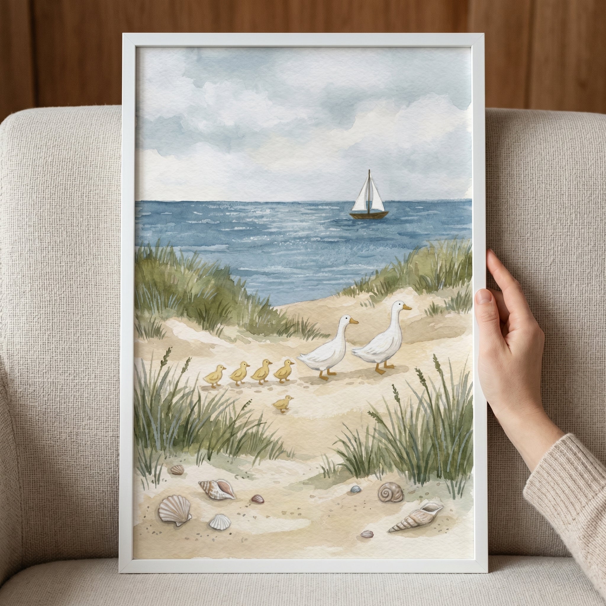 Coastal Watercolor Duck Family Wall Art - Seaside Duck Parade