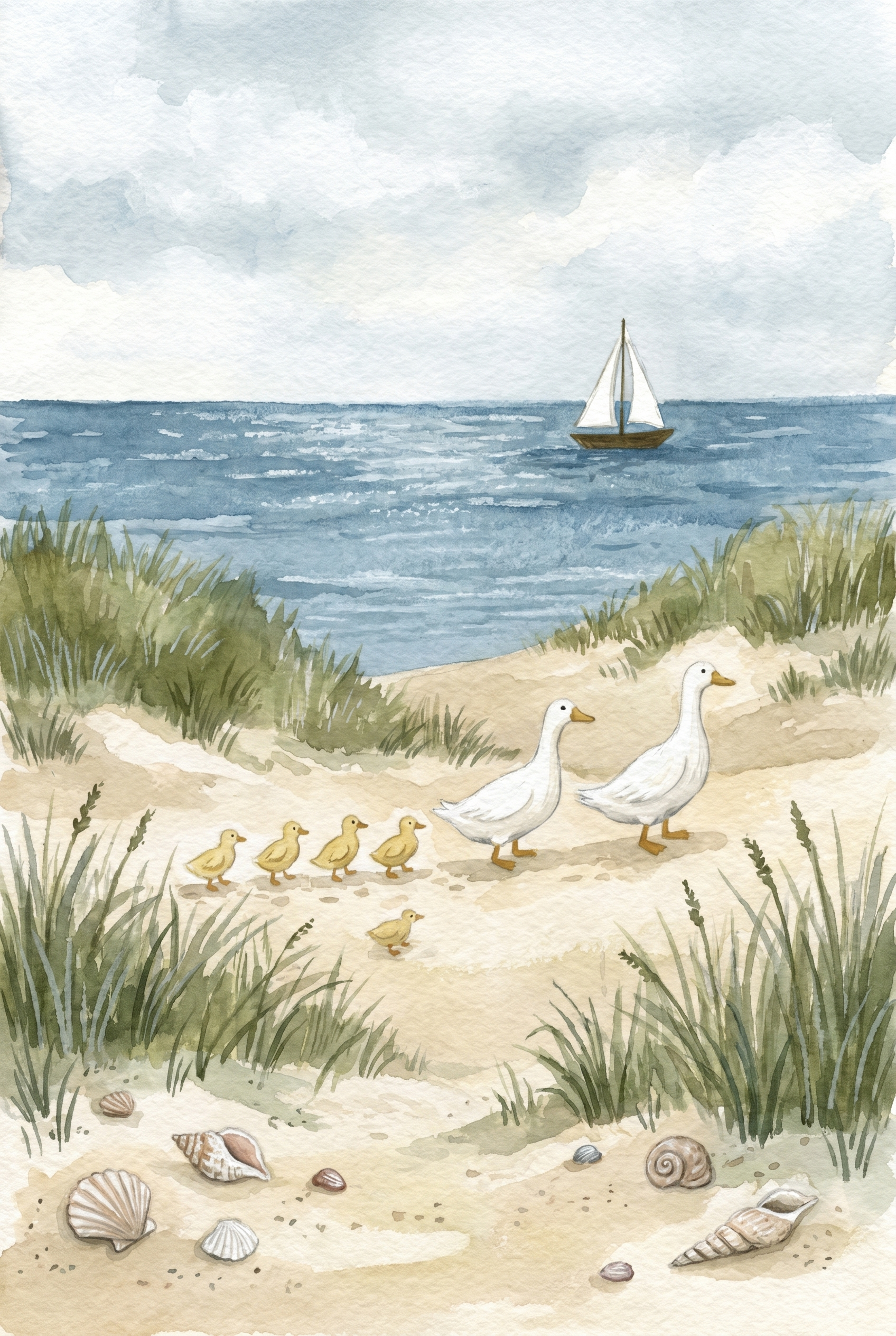 Coastal Watercolor Duck Family Wall Art - Seaside Duck Parade