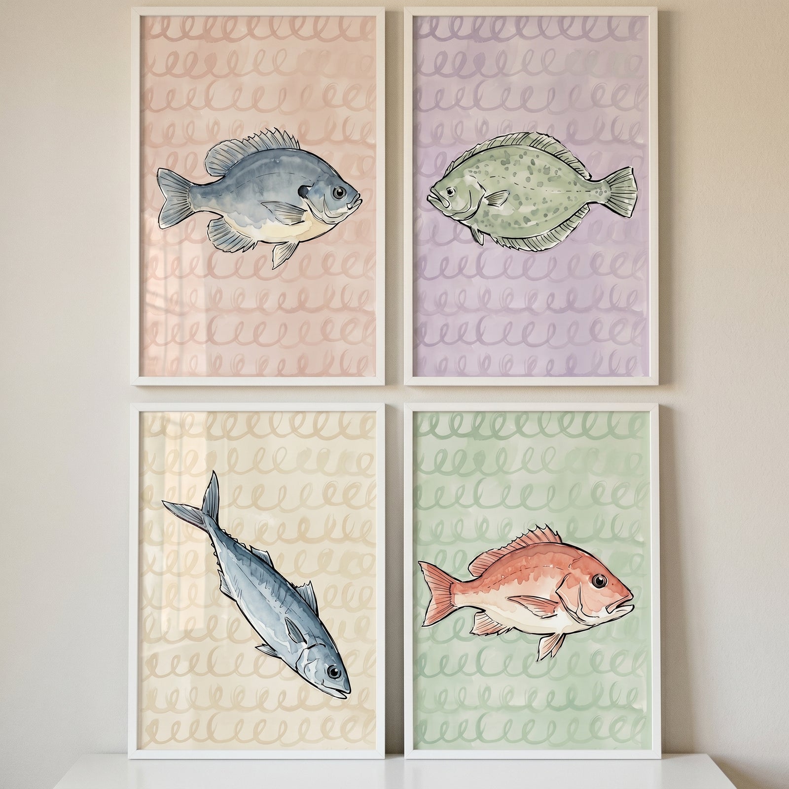 Coastal watercolor loopy fish wall art set of 4 with individual fish illustrations over colorful patterned backgrounds.