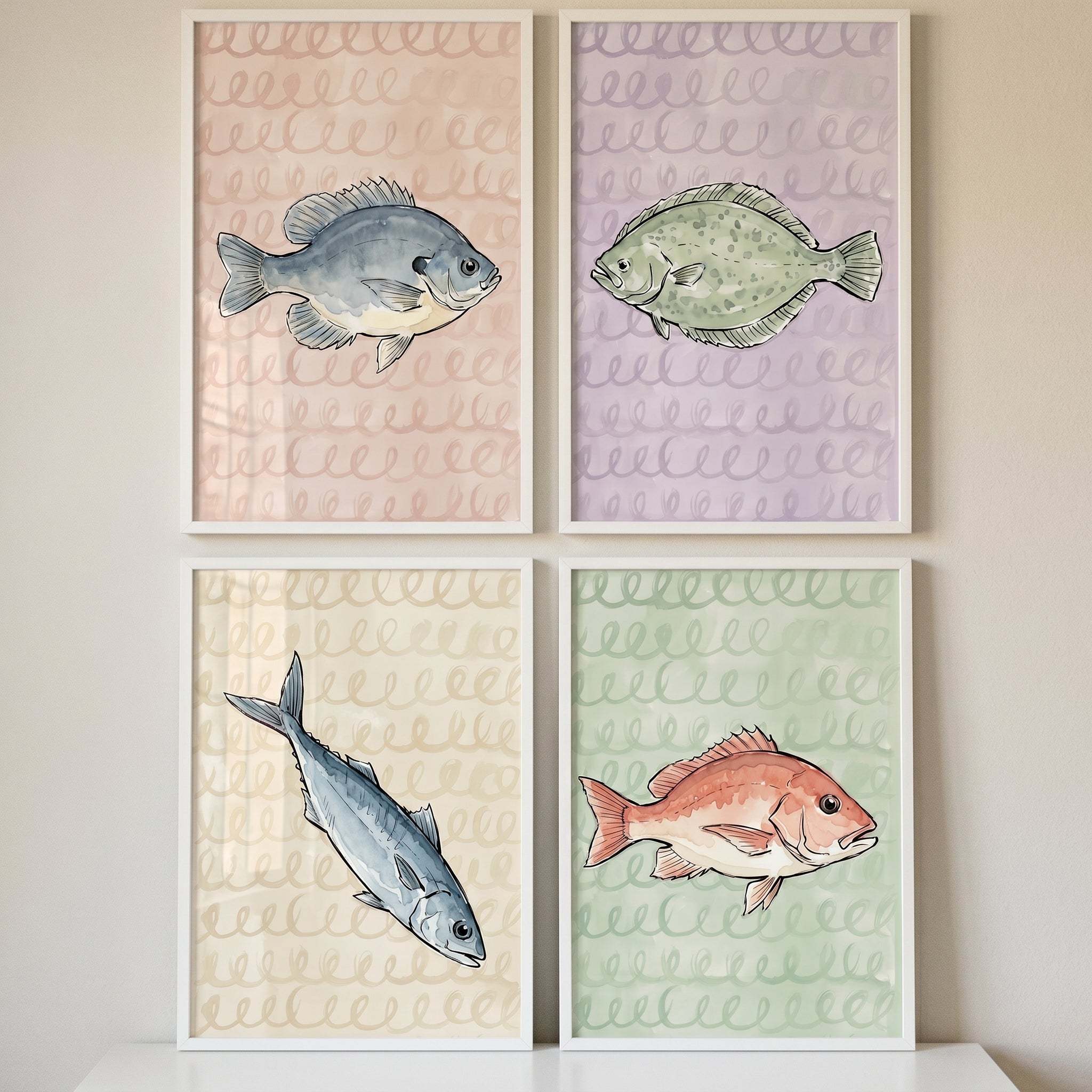 Coastal Watercolor Loopy Fish Wall Art Set of 4 - Watercolor Fish Study