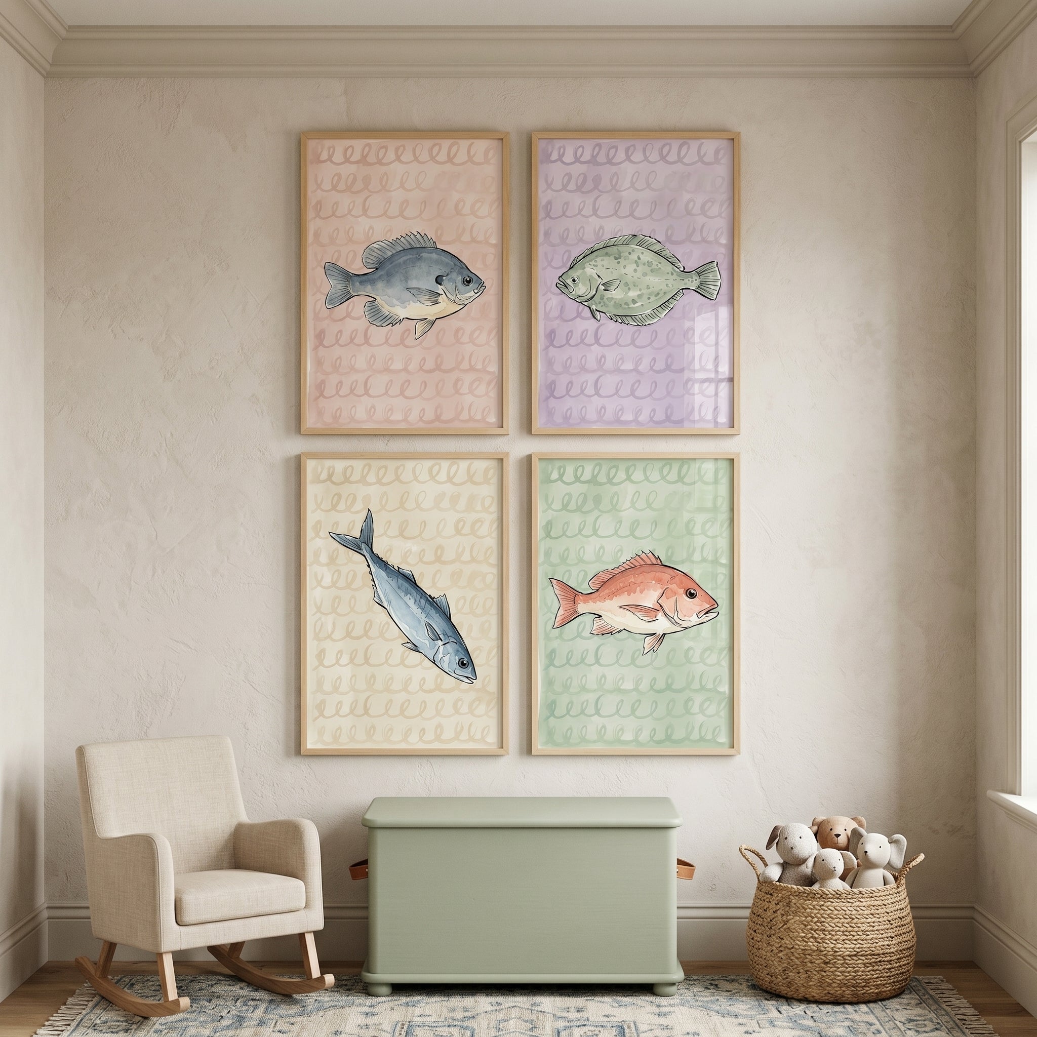 Coastal Watercolor Loopy Fish Wall Art Set of 4 - Watercolor Fish Study