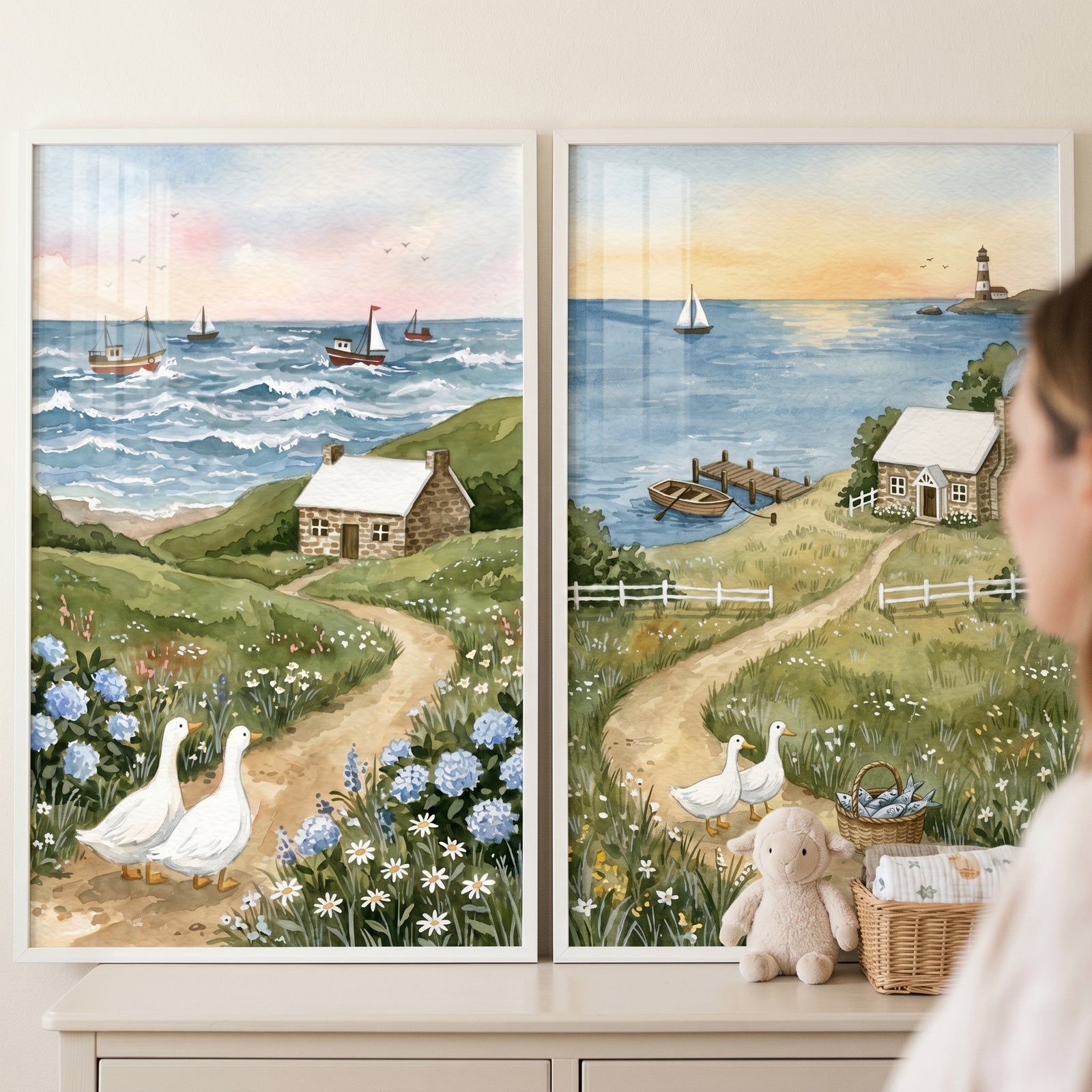 Coastal white duck wall art set of 2 featuring seaside cottages, sailboats, a lighthouse, and ducks near blooming flowers.