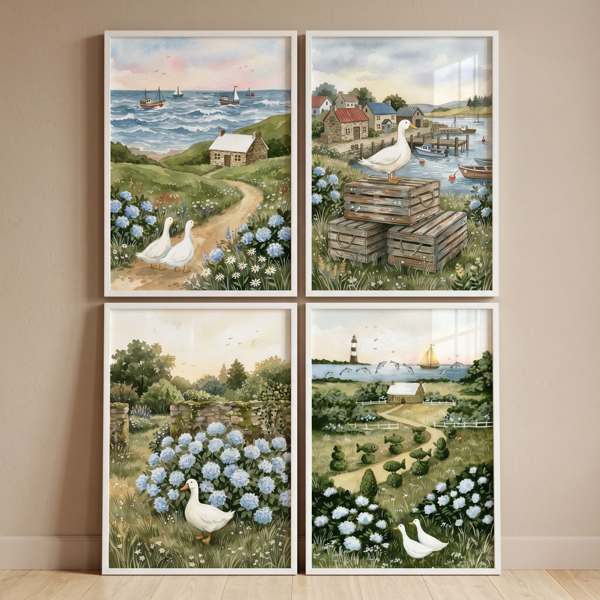Coastal White Duck Wall Art Set of 4 - Seaside Duck Haven
