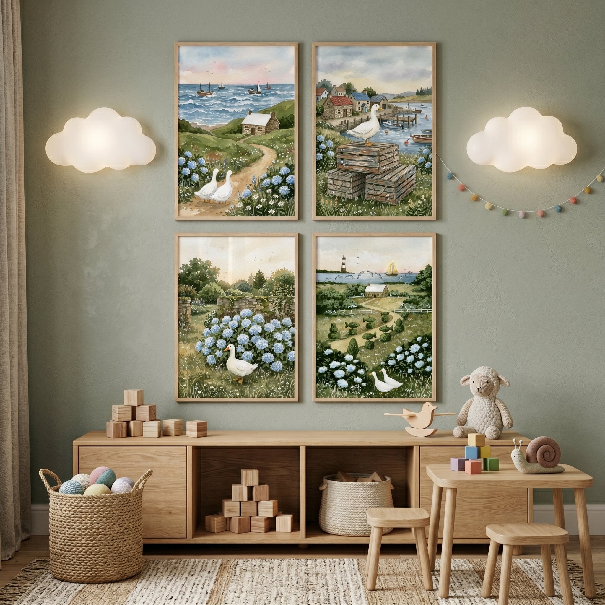 Coastal White Duck Wall Art Set of 4 - Seaside Duck Haven
