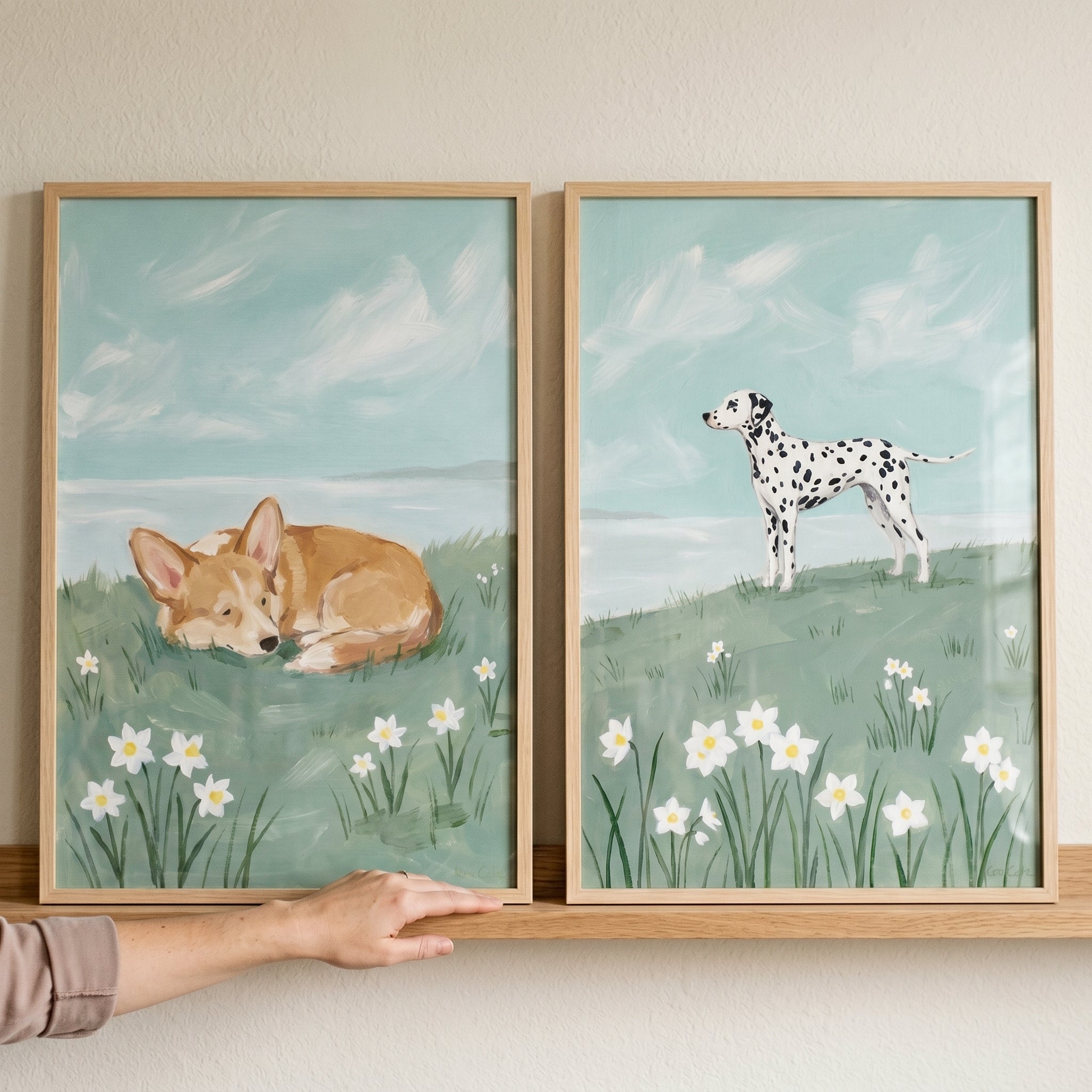 Coastal White Flower Dogs Wall Art Set of 2 - Meadow Canine Duo