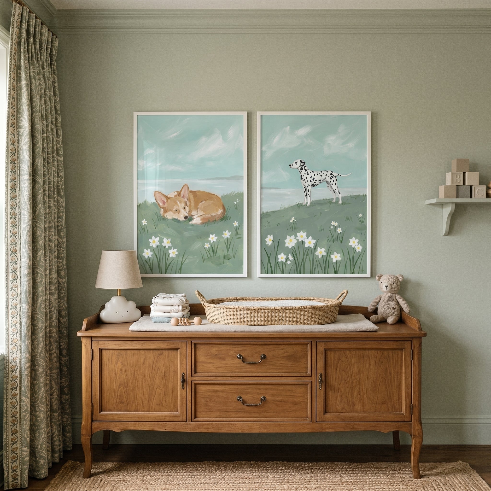 Coastal White Flower Dogs Wall Art Set of 2 - Meadow Canine Duo