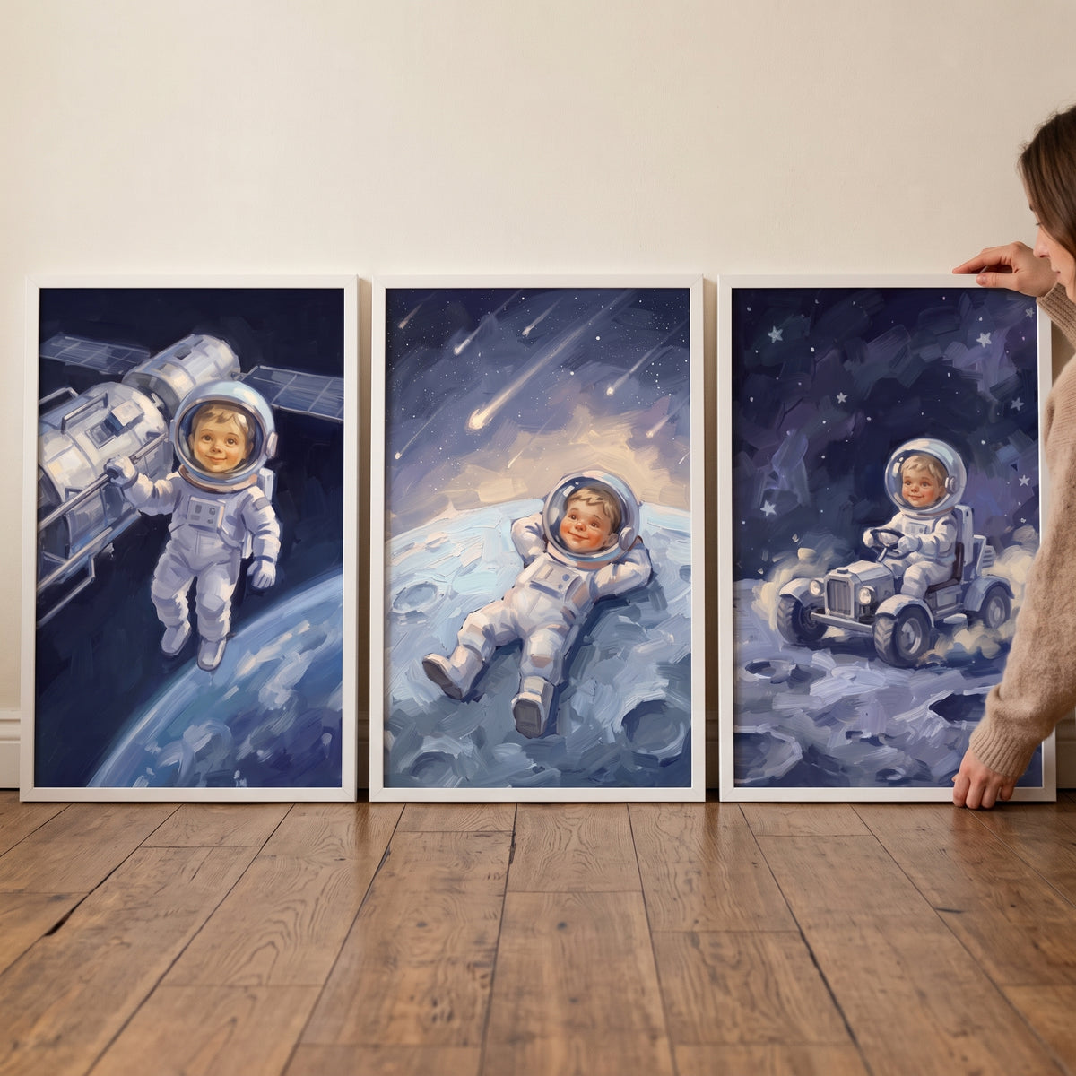 Cobalt Blue Toddler Astronaut Wall Art Set of 3 - Tiny Lunar Adventures