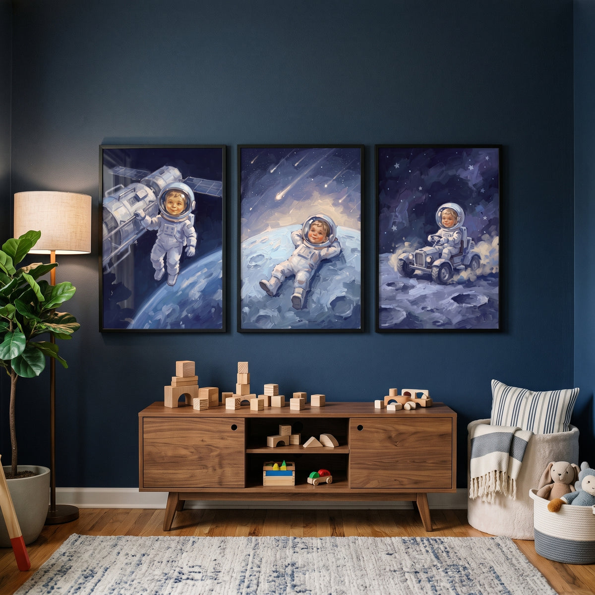 Cobalt Blue Toddler Astronaut Wall Art Set of 3 - Tiny Lunar Adventures