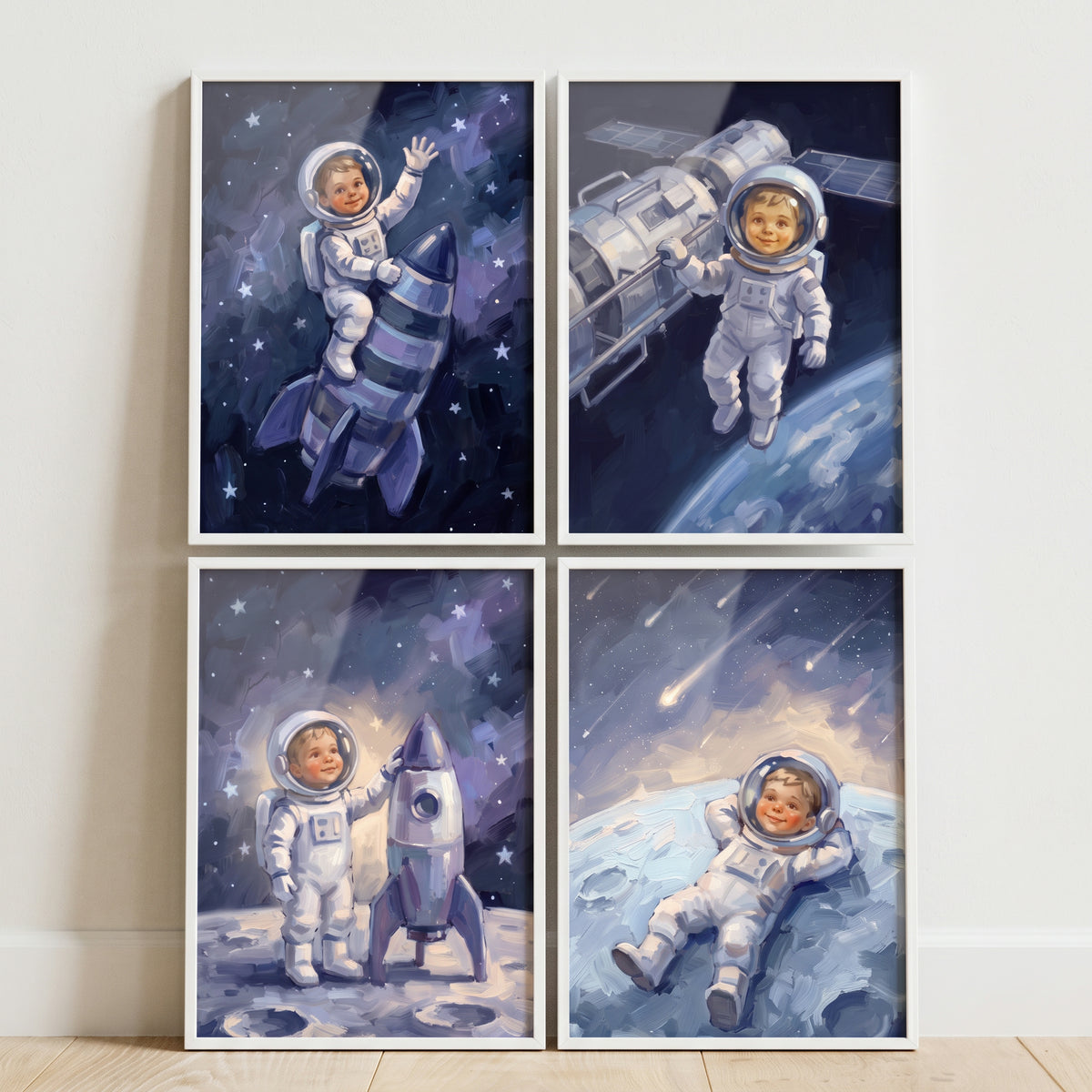 Cobalt sky baby astronaut wall art set of 4 depicts a child in a space suit with rockets, a satellite, and the moon.