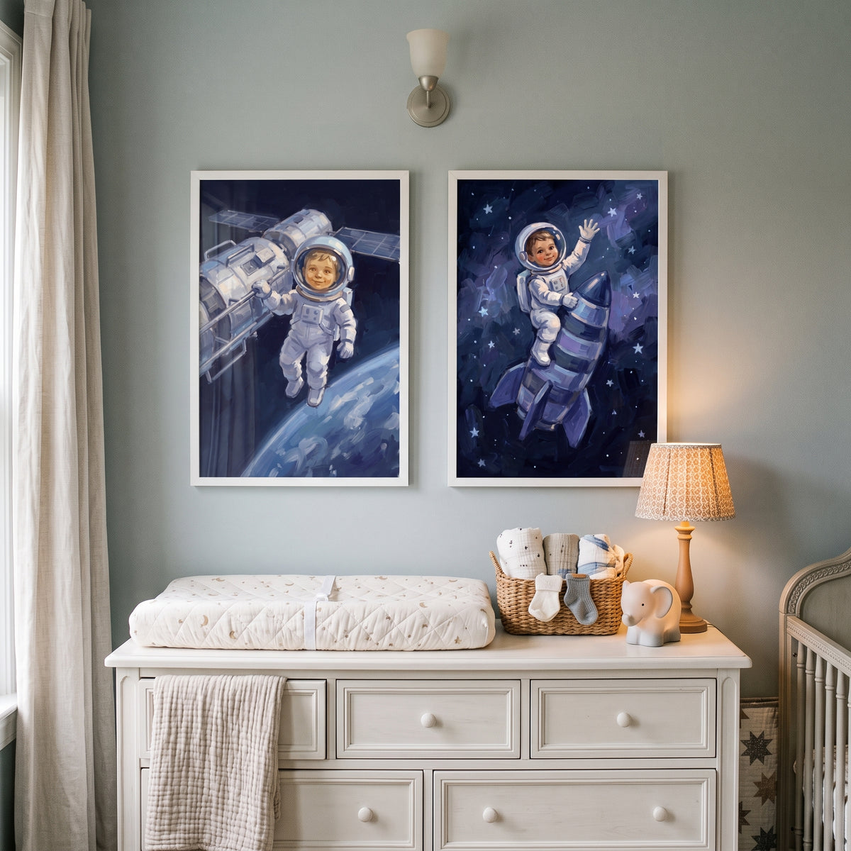 Cobalt Starry Baby Astronaut Wall Art Set of 2 - Starry Rocket Adventure