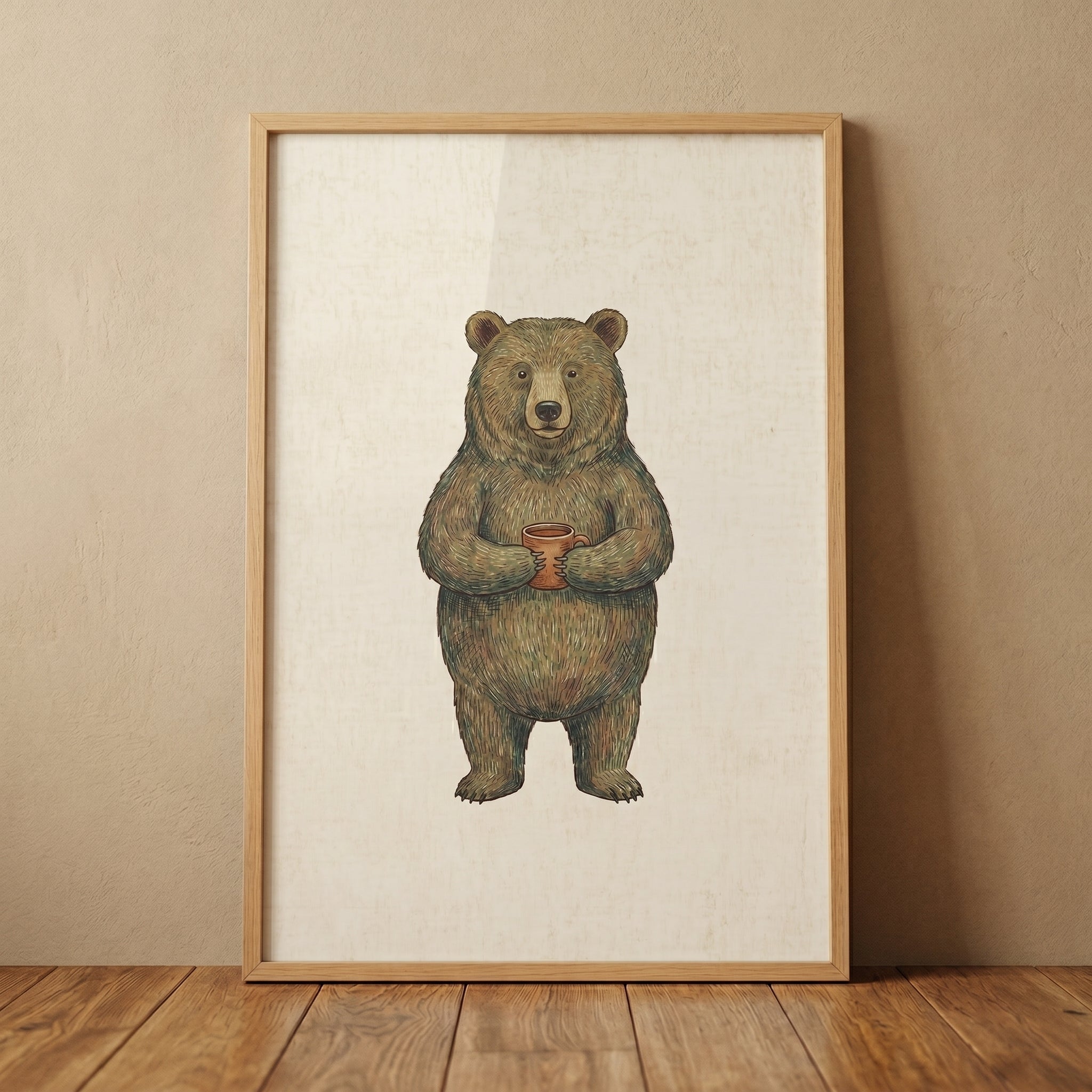 Coffee Drinking Grizzly Bear Wall Art - Cozy Morning Bear