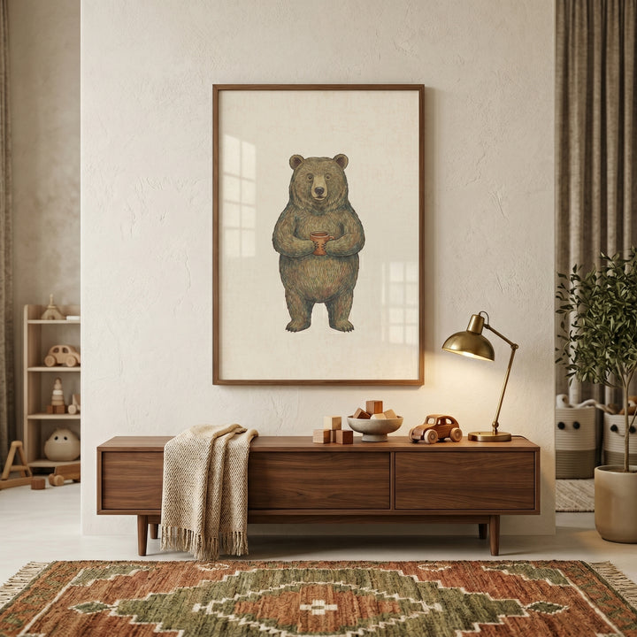 Coffee drinking grizzly bear wall art hangs above a wooden sideboard with a brass lamp and patterned rug.