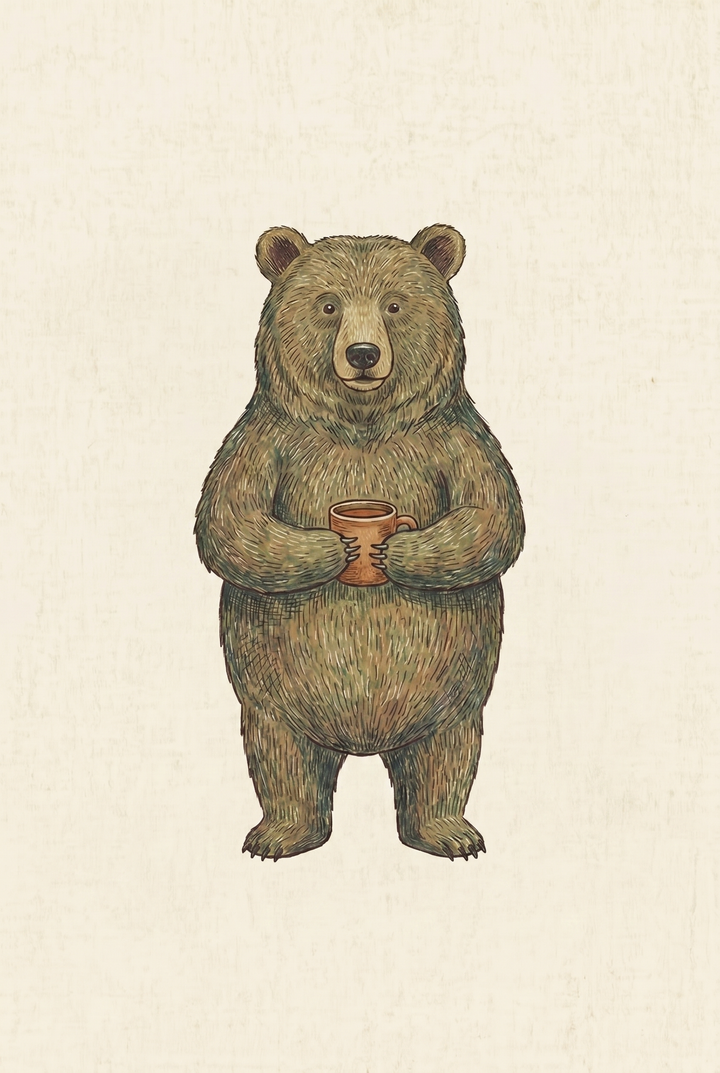 Coffee drinking grizzly bear wall art showing a brown bear holding a brown mug against a cream background.
