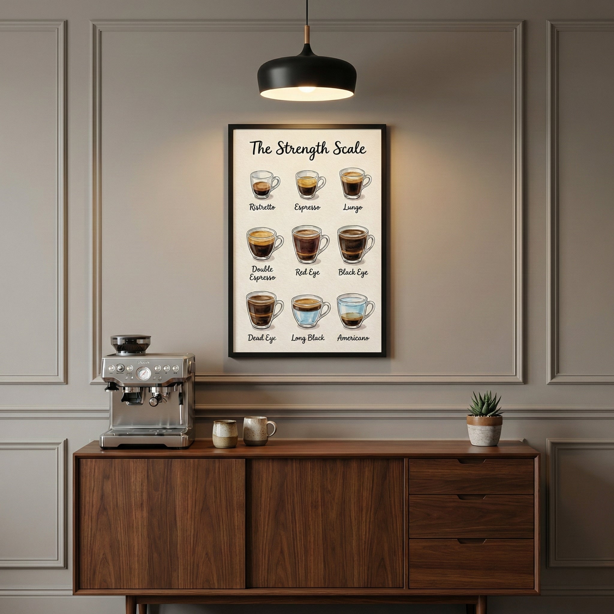 Stylish kitchen setup with a wall art print labeled "The Strength Scale" displaying nine types of espresso-based coffee drinks, from ristretto to americano. Positioned above a coffee station, the chart adds both education and charm to the space.