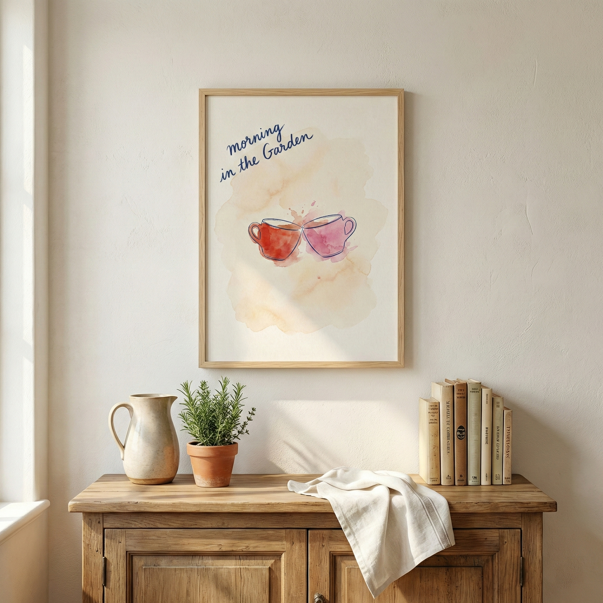 A framed watercolor-style illustration hangs on a light-colored wall above a wooden sideboard. The artwork features two cups clinking together against a soft, multi-colored wash, with the phrase "morning in the Garden" written in blue script at the top. On the rustic wooden surface below, there is a ceramic pitcher, a small potted herb plant, a folded white cloth, and a small stack of vintage books. Natural light enters from the side, casting soft shadows.