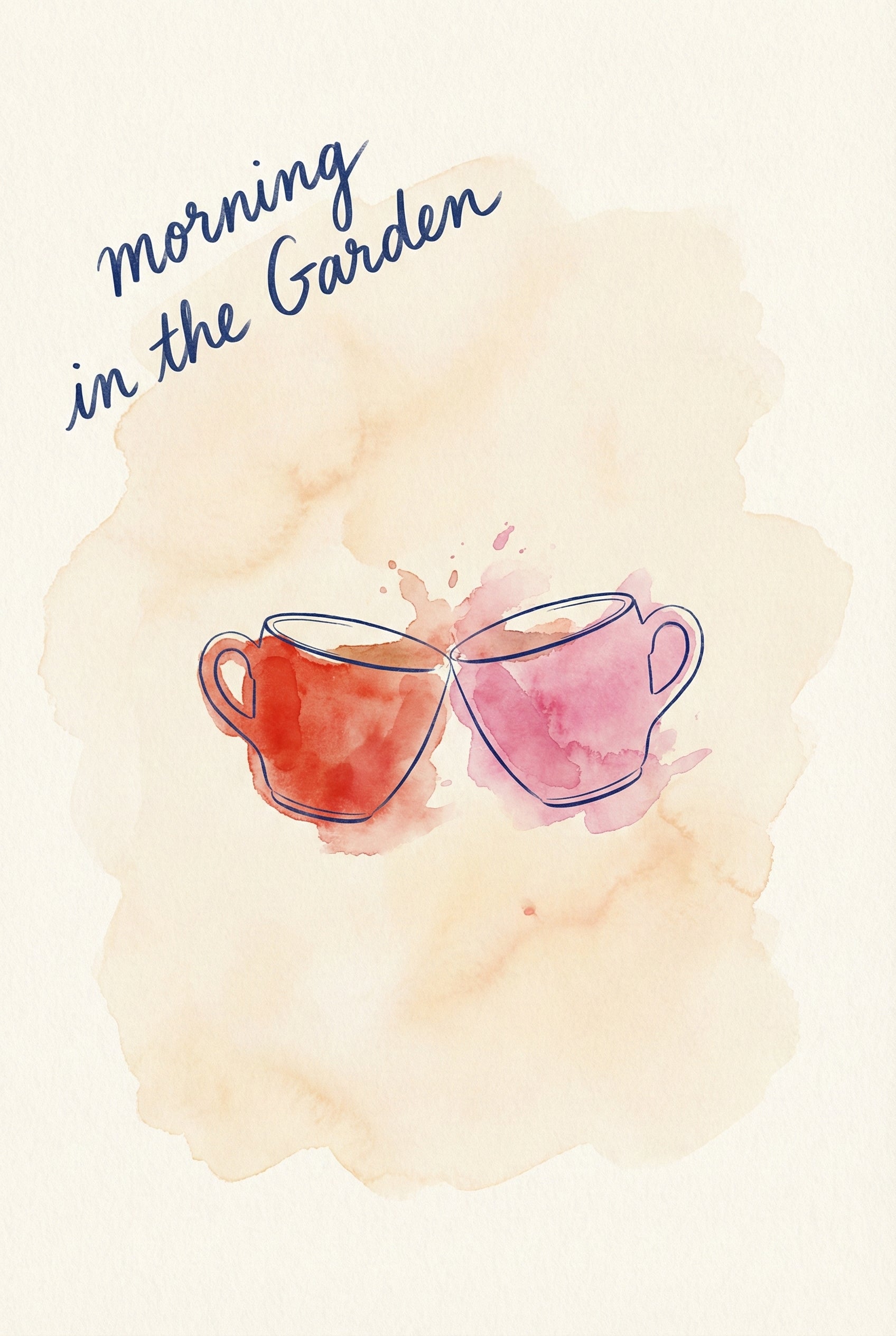 Watercolor of a red and pink coffee mug gently clinking together, with warm tones and the hand-lettered phrase “morning in the garden” above.

