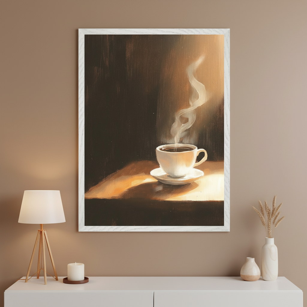 Modern room with a white console. A large, white-framed oil painting of a steaming coffee cup with steam and warm light is centered above the console.