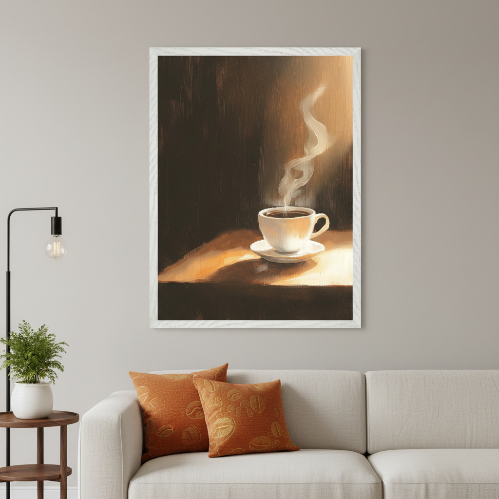 Modern living room with a light sofa and orange coffee bean pillows. A large framed painterly artwork of a steaming white coffee cup on a saucer hangs centered above the sofa.