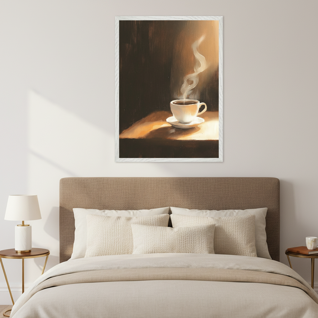 Modern bedroom with a beige upholstered bed. A white-framed painting of a steaming coffee cup on a saucer on a table, illuminated by a golden light, hangs centered above the bed.