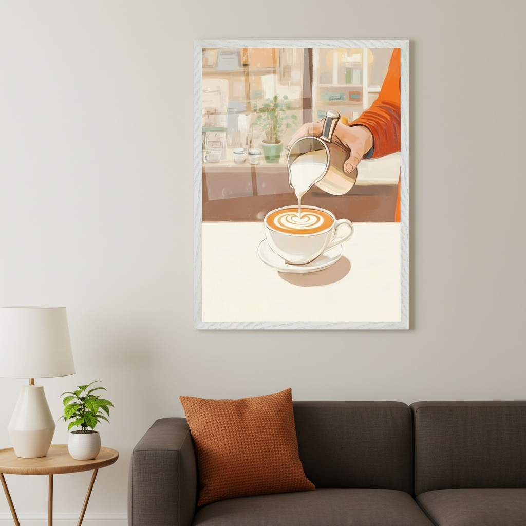 Modern living room with a dark gray sofa. A framed illustration of a hand pouring milk into a coffee cup with latte art, set against a blurred cafe background, hangs on the light gray wall above the sofa.