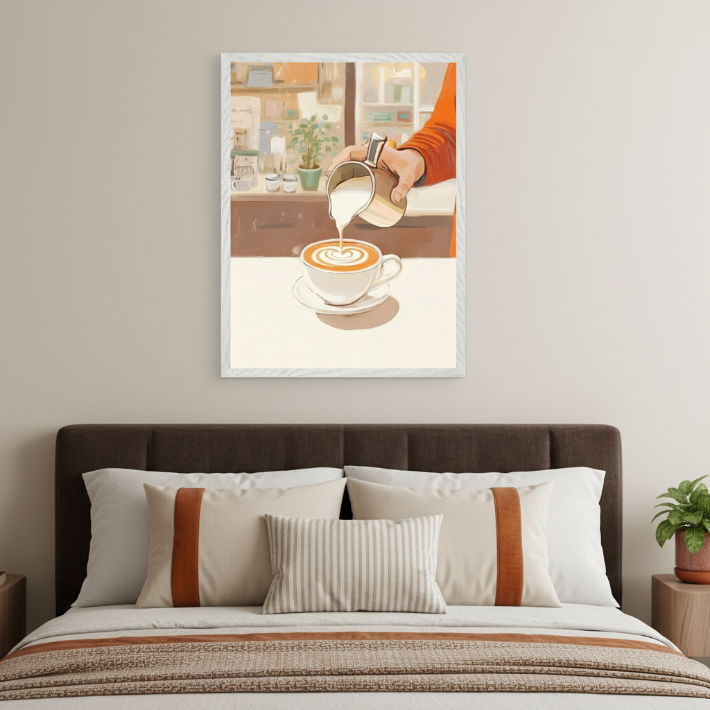Modern bedroom with a dark brown upholstered bed. A framed illustration of a hand pouring milk into a white coffee cup to create latte art hangs centered above the bed on a light beige wall.