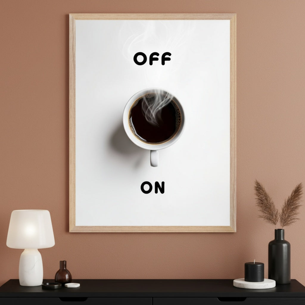 Modern room with a black dresser. A large framed poster hangs above the dresser, depicting "OFF" at the top, a steaming coffee cup in the center, and "ON" at the bottom, in a minimalist graphic style.