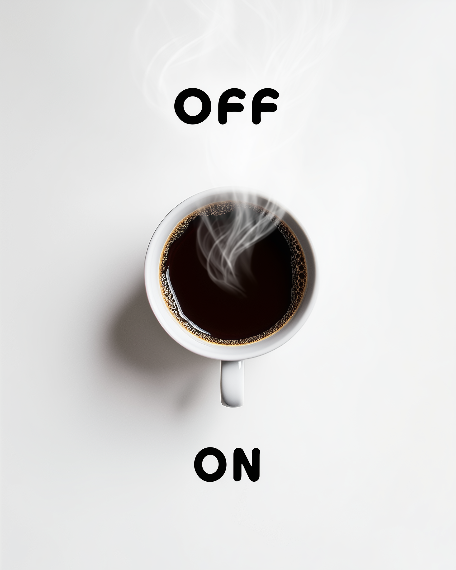 Minimalist graphic showing a top-down view of a steaming cup of black coffee with the word "OFF" above it and "ON" below, suggesting coffee as a power switch.
