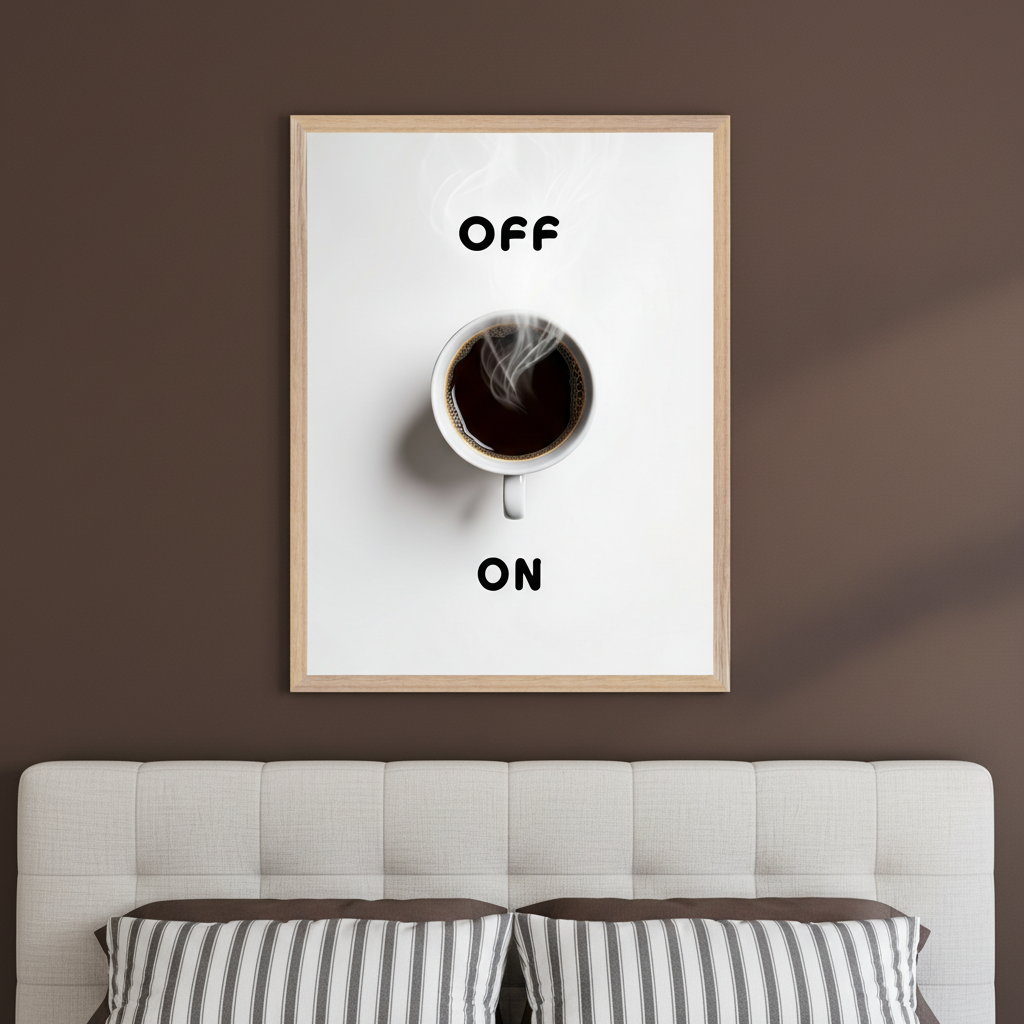 Bedroom with a beige upholstered bed and two striped pillows. A white framed print hangs centered above the bed on a brown wall. The artwork shows the word "OFF" above a steaming cup of black coffee, and "ON" below it, in a minimalist style.