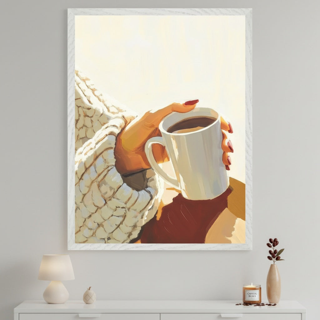 Modern room with a white dresser. A large framed painting of hands in a chunky sweater holding a white coffee mug hangs centered above the dresser. The artwork features warm, sunny tones.