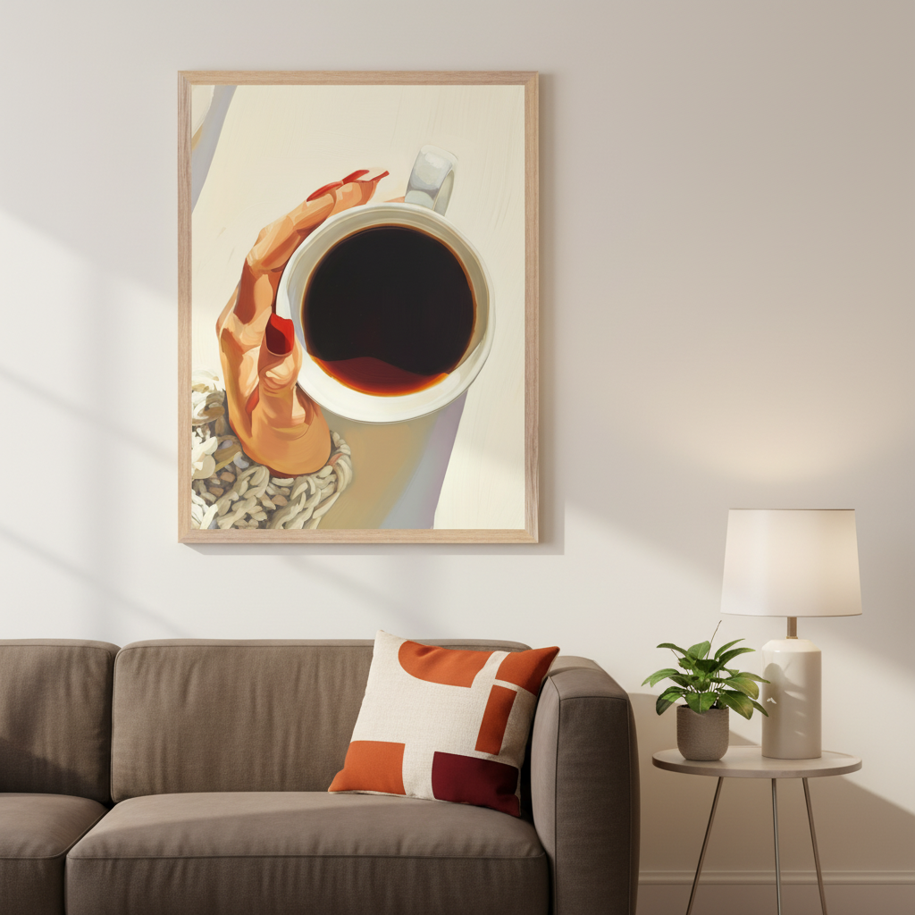 Living room with a brown sectional sofa. A framed painting of a hand with red nails holding a coffee cup, viewed from above, hangs above the sofa. A side table with a lamp and plant is next to the sofa.