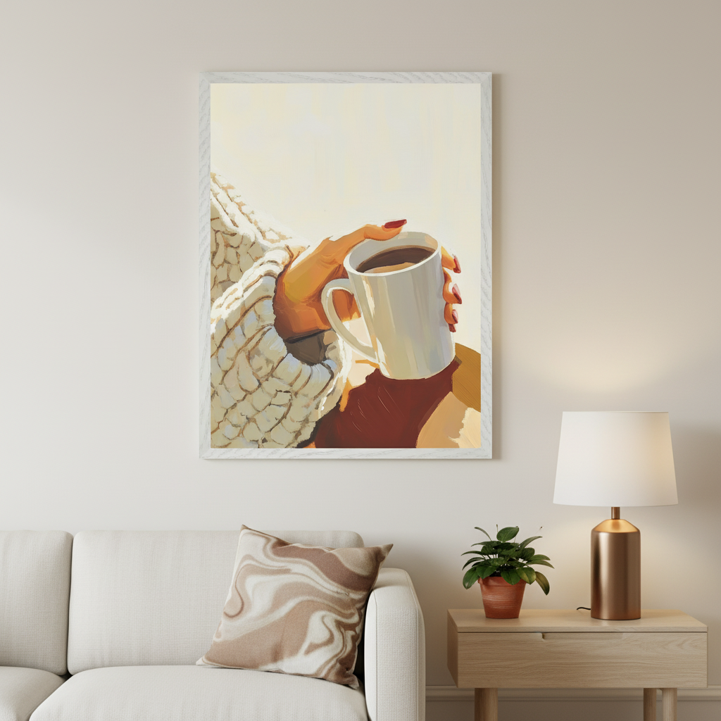 Modern living room with a white sofa and a light wooden side table. A framed painting of a hand in a chunky sweater holding a white coffee mug hangs above the sofa. The painting has a bright, illustrative style.