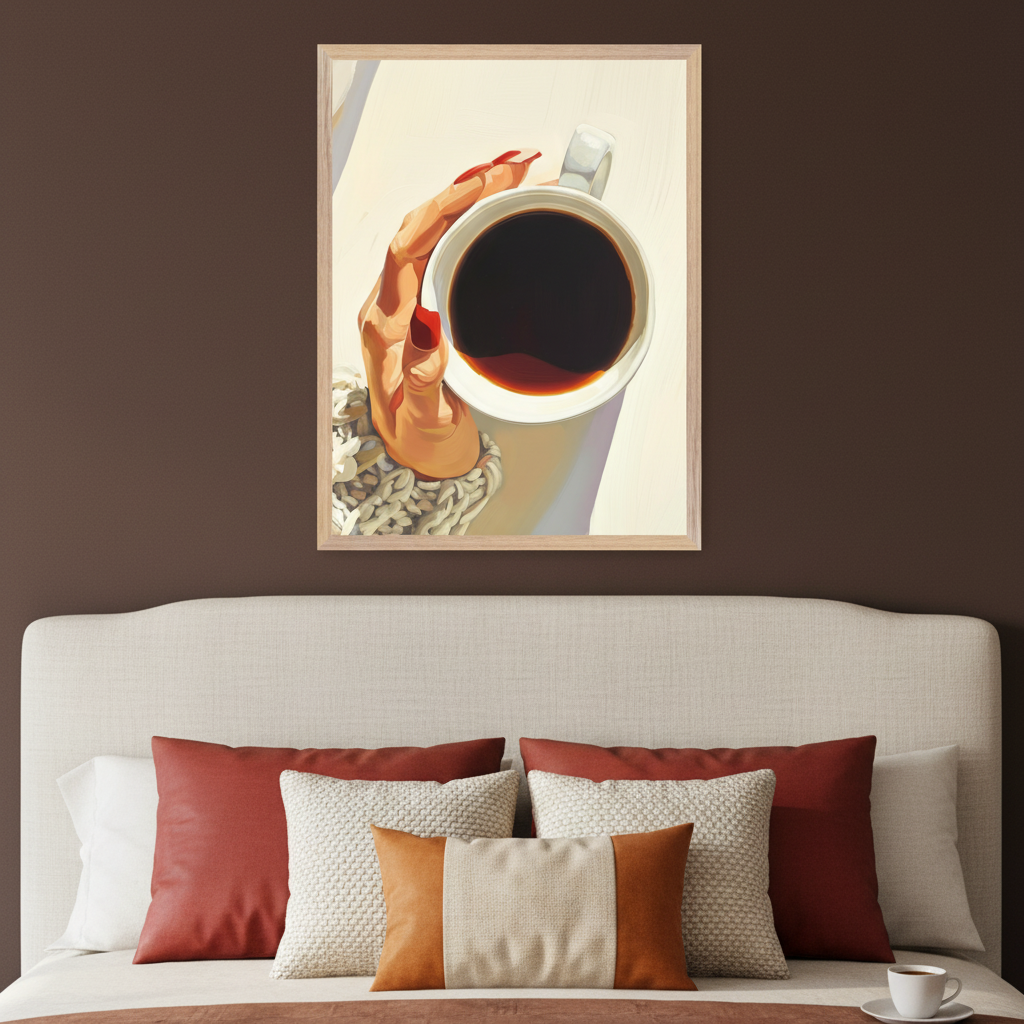 Bedroom with a beige upholstered bed and red and beige pillows. A framed painting of a hand with red nails holding a coffee mug, against a bright white background, hangs centered above the bed.