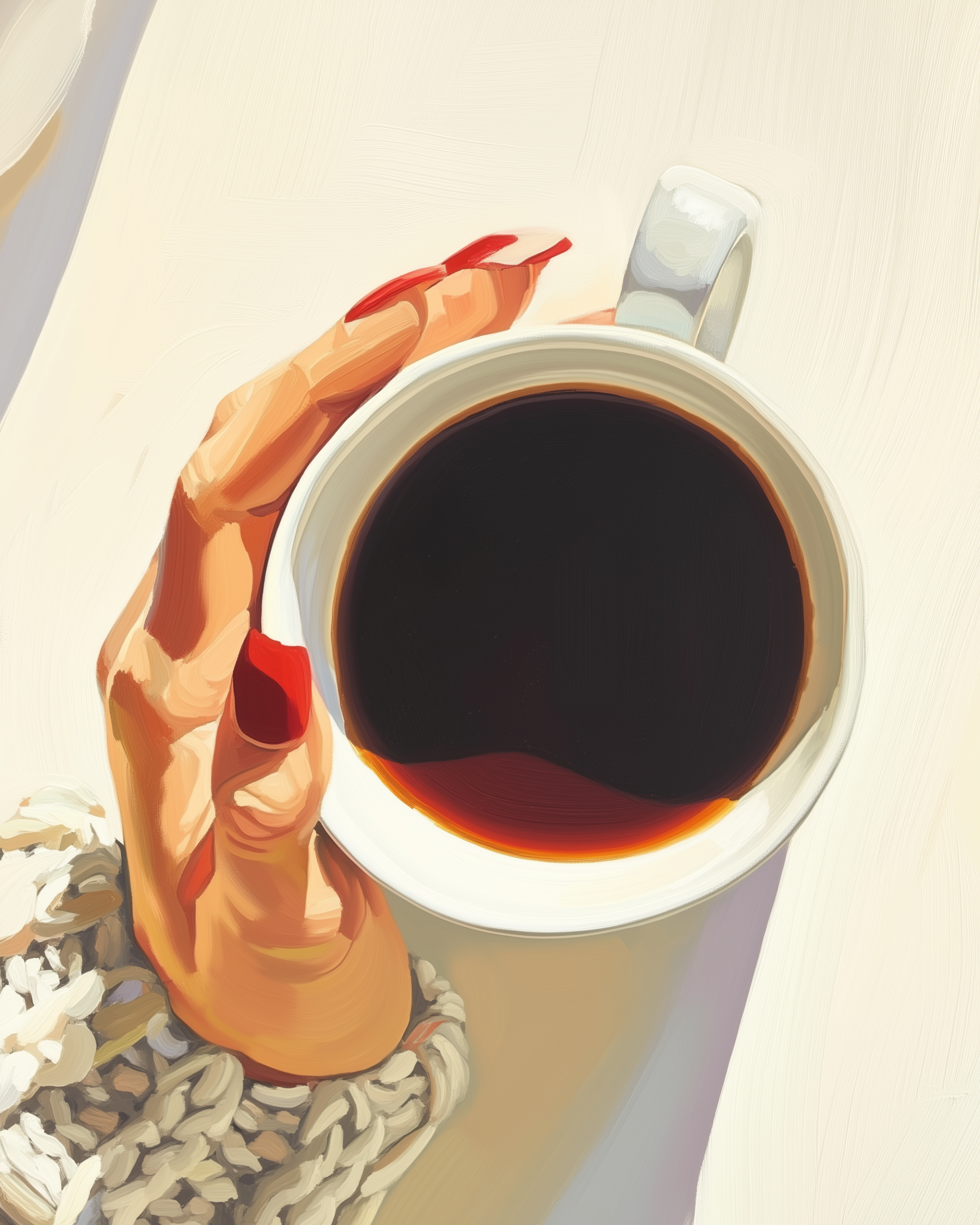 Stylized illustration of a woman’s hand with red nails holding a white mug filled with black coffee, against a softly lit background and wearing a chunky knit sweater.