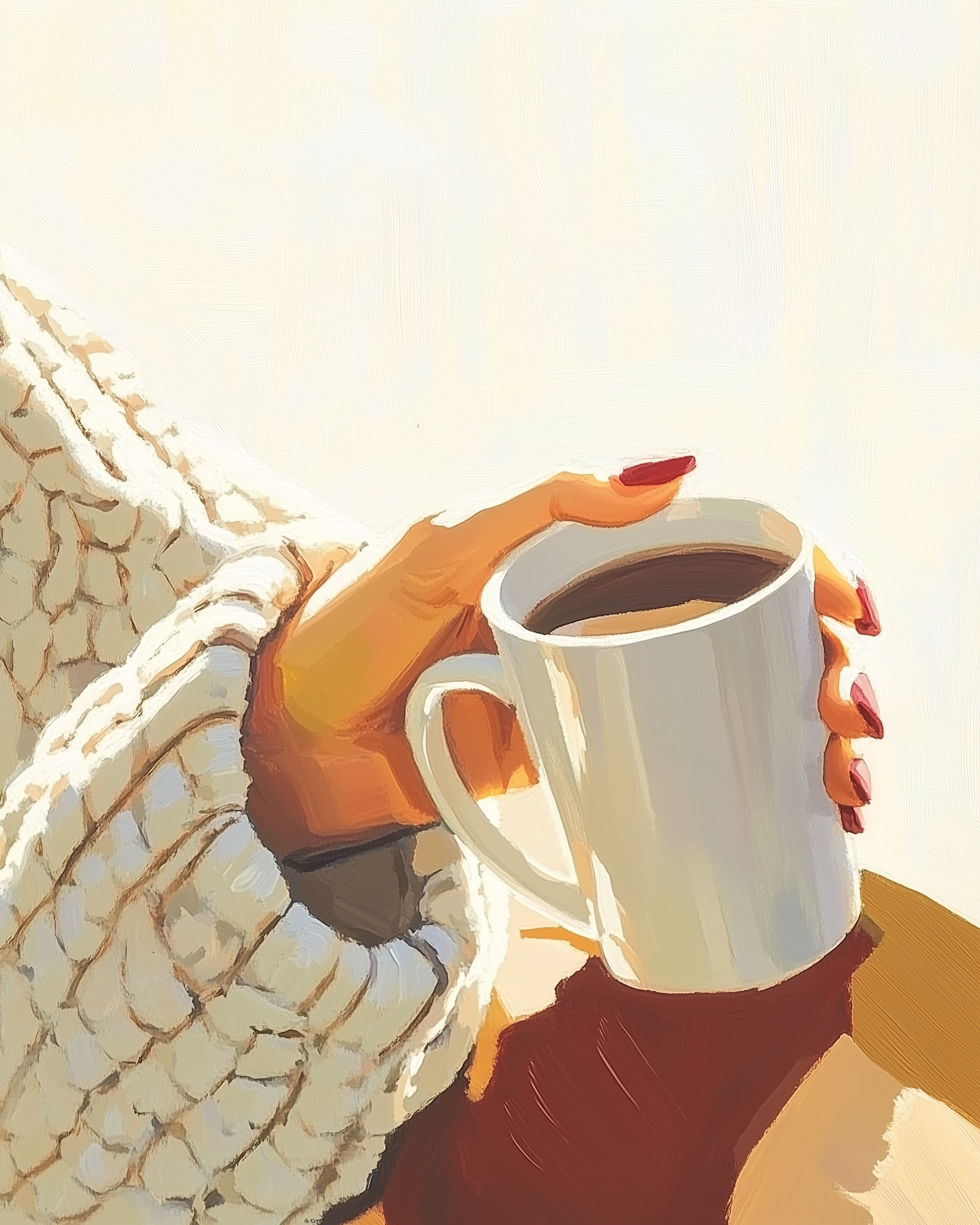 Close-up illustration of a hand with red nails holding a white ceramic mug of coffee, wearing a cream knit sweater, lit by warm morning sunlight.