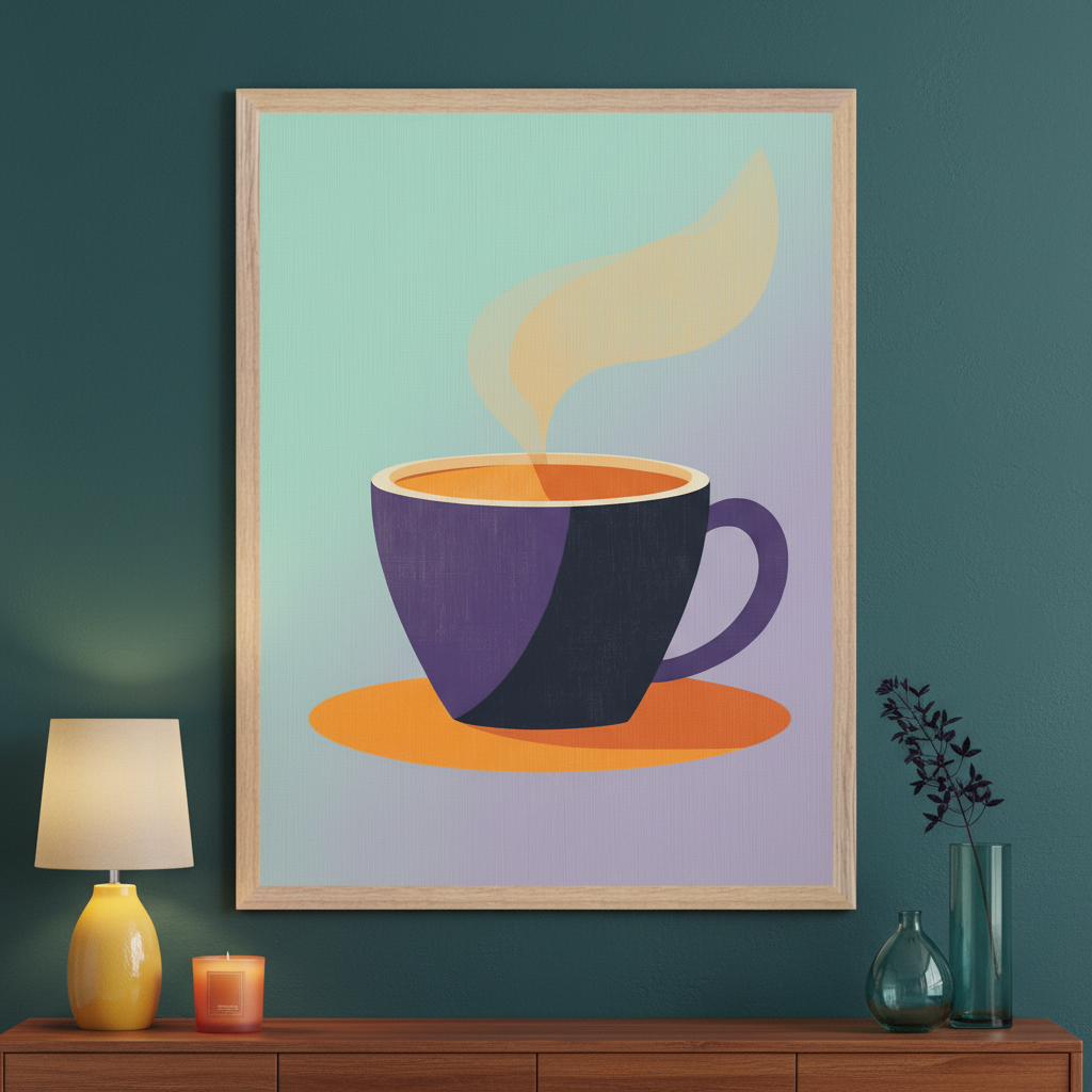 Modern living room with a dark green wall and a wooden dresser. A framed print of a stylized steaming coffee cup on a saucer hangs above the dresser. The cup is dark purple/blue, the liquid and saucer are orange, and the background is a teal to purple gradient.