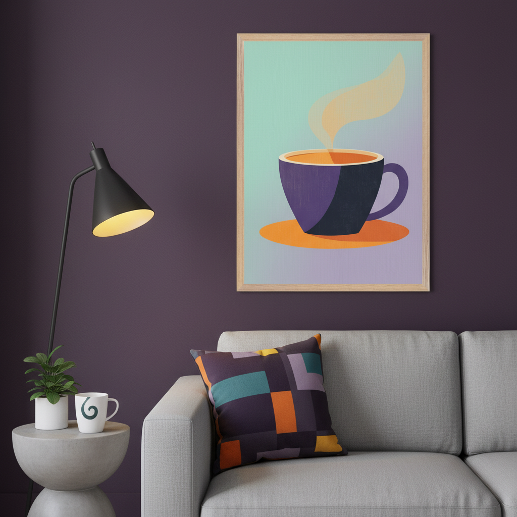 Modern living room with a light gray sofa and patterned pillow. A concrete side table and black floor lamp are also visible. A framed minimalist illustration of a steaming purple coffee cup on an orange saucer hangs on the dark purple wall above the sofa.