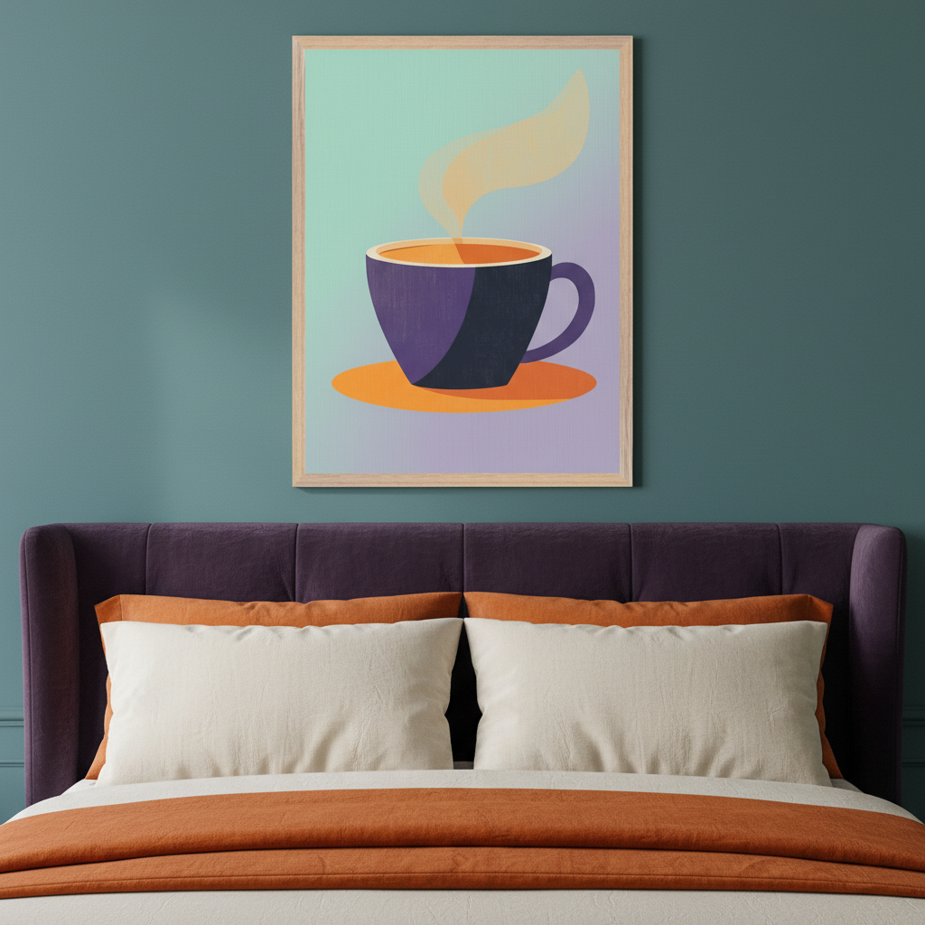 Modern bedroom with a dark purple upholstered bed and orange and cream bedding. A framed graphic illustration of a steaming purple coffee cup on an orange saucer hangs on the teal wall above the bed. The art has a light green and purple gradient background.